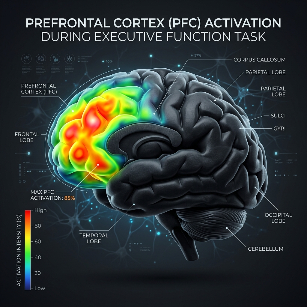 Right prefrontal cortex activation heatmap — higher HbO2 response under the AI label.